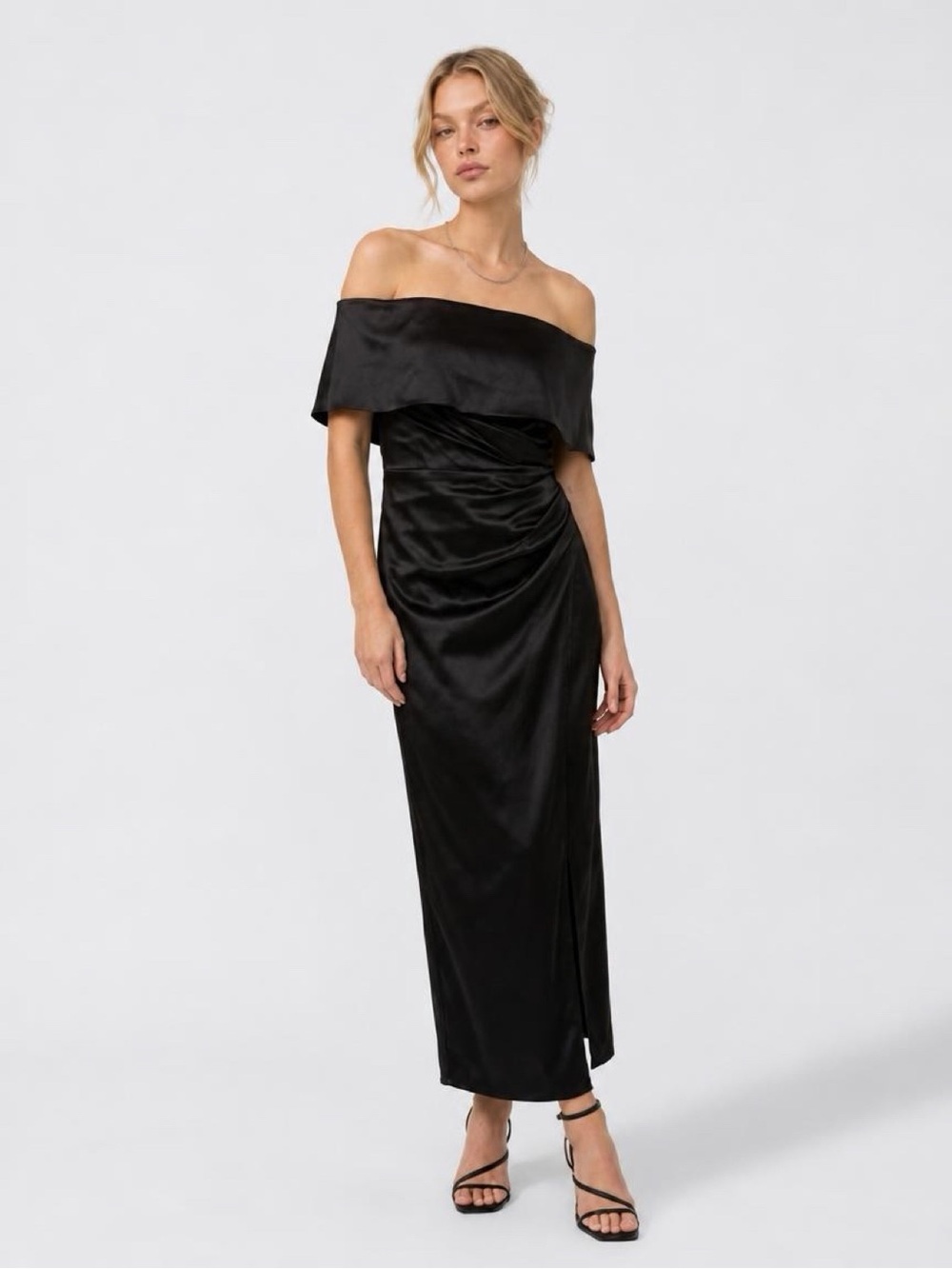 Vince Camuto Black Off-Shoulder Satin Column Gown
